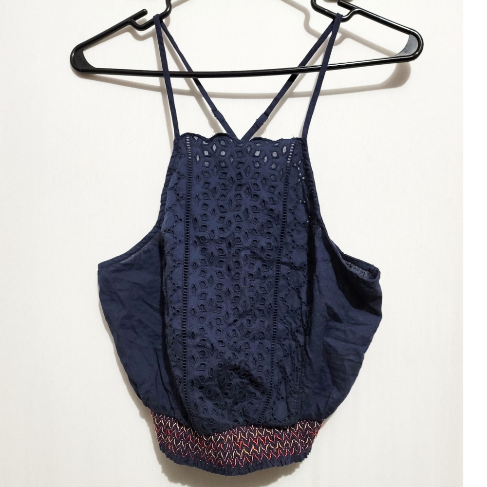 Hollister blue eyelet crop top  scallop high neck